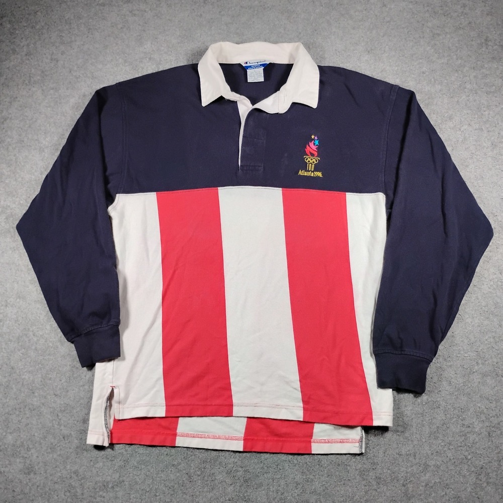 Vintage Champion Atlanta 1996 Olympics Rugby Shirt Mens Large Navy Red Striped